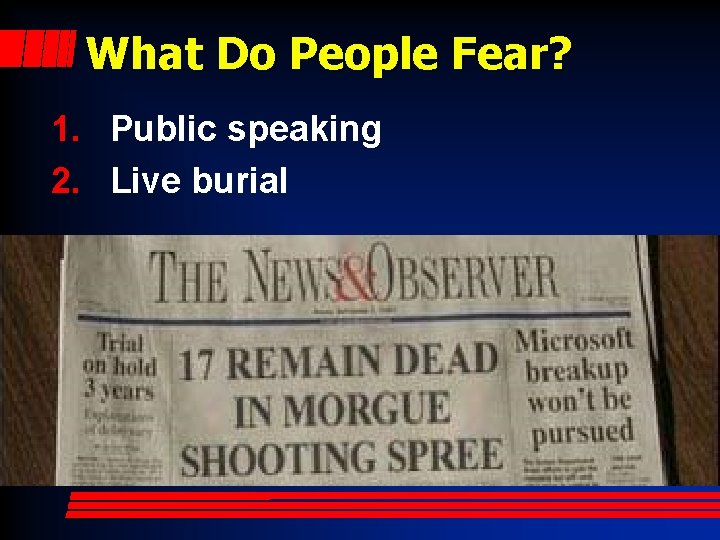 What Do People Fear? 1. Public speaking 2. Live burial 