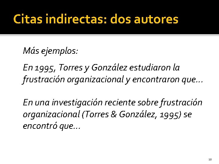 Citas indirectas: dos autores Más ejemplos: En 1995, Torres y González estudiaron la frustración