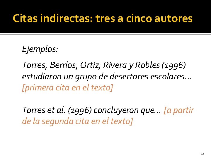 Citas indirectas: tres a cinco autores Ejemplos: Torres, Berríos, Ortiz, Rivera y Robles (1996)