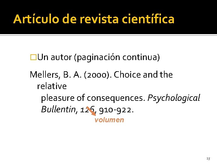 Artículo de revista científica �Un autor (paginación continua) Mellers, B. A. (2000). Choice and