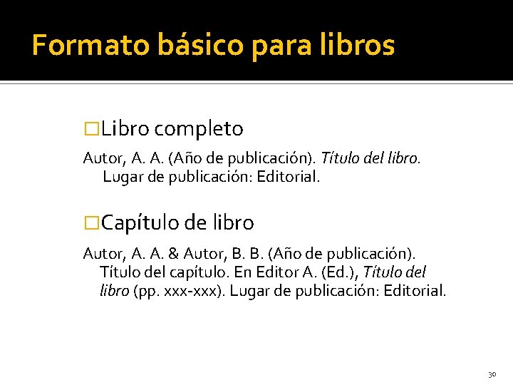 Formato básico para libros �Libro completo Autor, A. A. (Año de publicación). Título del