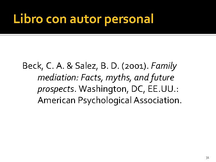 Libro con autor personal Beck, C. A. & Salez, B. D. (2001). Family mediation: