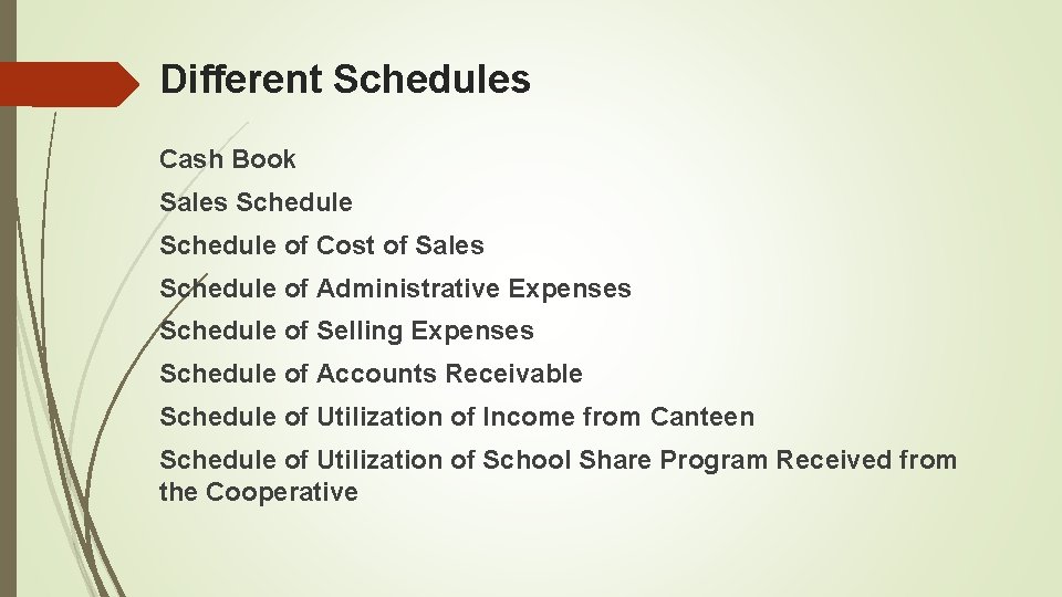Different Schedules Cash Book Sales Schedule of Cost of Sales Schedule of Administrative Expenses
