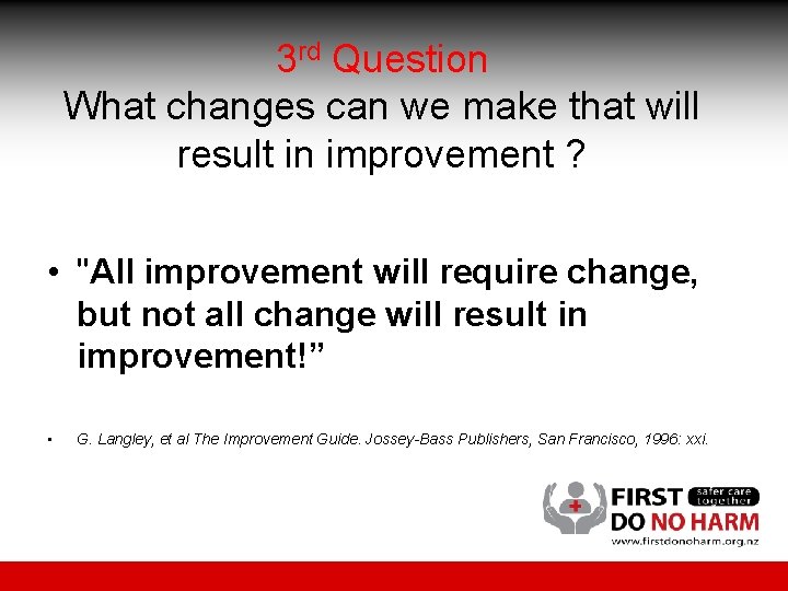 3 rd Question What changes can we make that will result in improvement ? 3 rd Question What changes can we make that will result in improvement ?