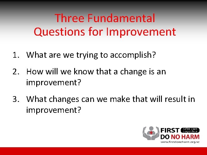 Three Fundamental Questions for Improvement 1. What are we trying to accomplish? 2. How