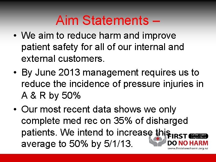 Aim Statements – • We aim to reduce harm and improve patient safety for Aim Statements – • We aim to reduce harm and improve patient safety for