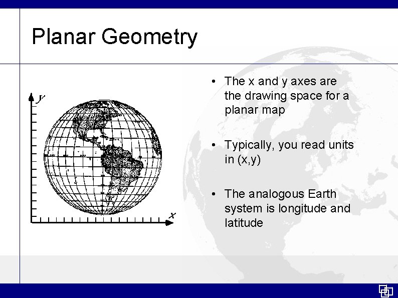 Planar Geometry • The x and y axes are the drawing space for a