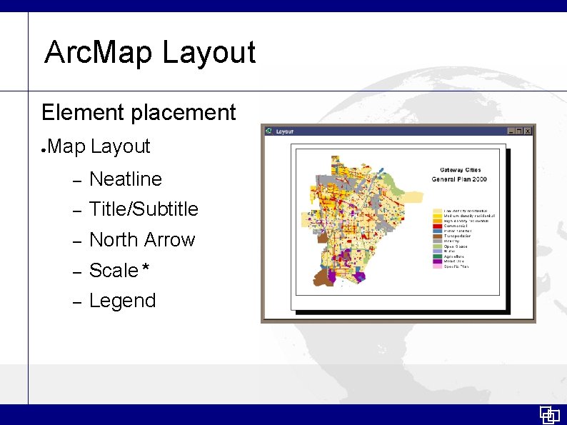 Arc. Map Layout Element placement Map Layout ● – Neatline – Title/Subtitle – North
