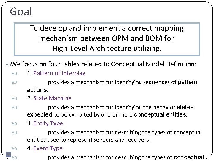 Goal To develop and implement a correct mapping mechanism between OPM and BOM for
