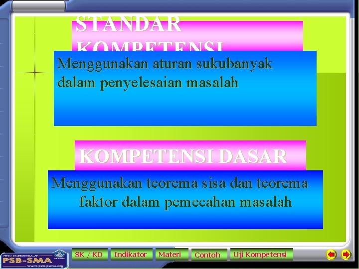 STANDAR KOMPETENSI Menggunakan aturan sukubanyak dalam penyelesaian masalah KOMPETENSI DASAR Menggunakan teorema sisa dan