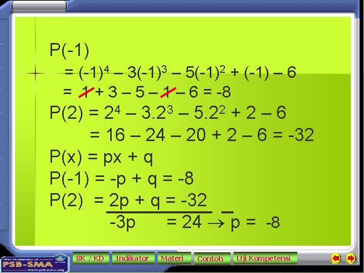 P(-1) = (-1)4 – 3(-1)3 – 5(-1)2 + (-1) – 6 = 1 +