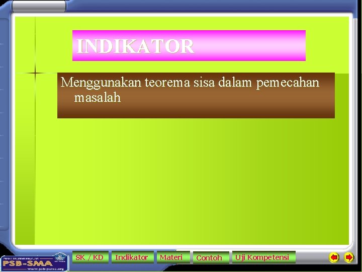 INDIKATOR Menggunakan teorema sisa dalam pemecahan masalah SK / KD Indikator Materi Contoh Uji