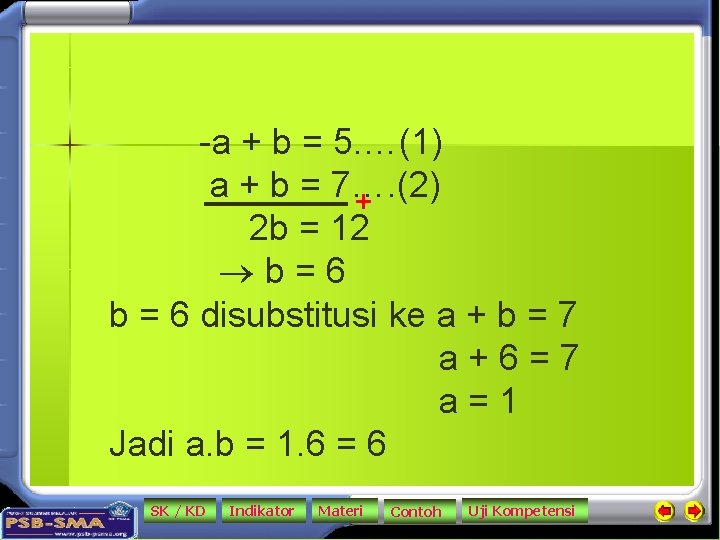 -a + b = 5. …(1) a + b = 7…. (2) + 2