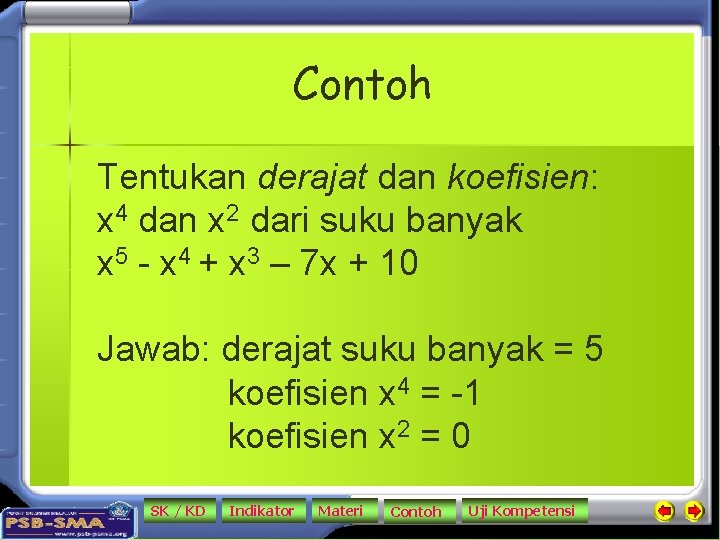 Contoh Tentukan derajat dan koefisien: x 4 dan x 2 dari suku banyak x