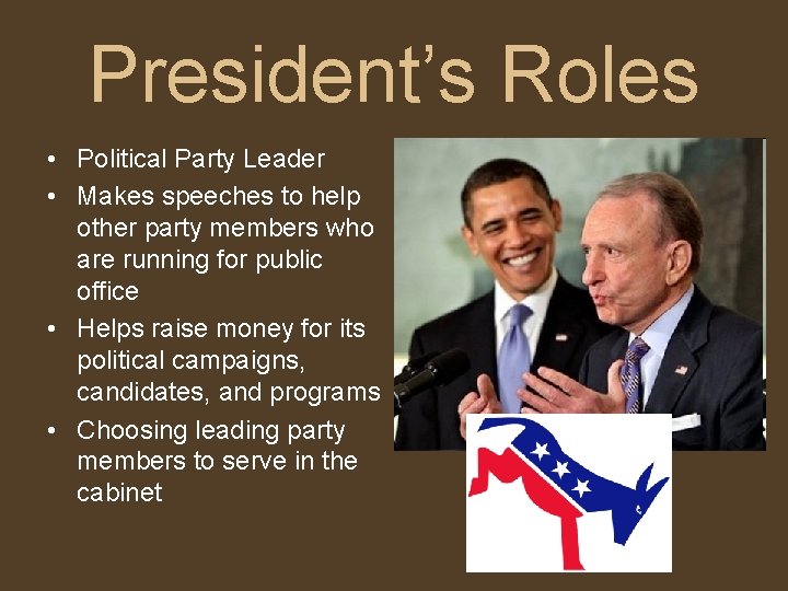 President’s Roles • Political Party Leader • Makes speeches to help other party members