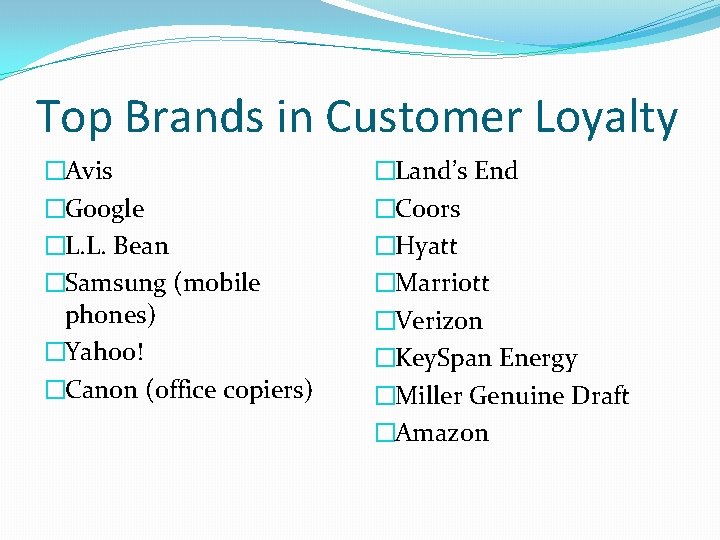 Top Brands in Customer Loyalty �Avis �Google �L. L. Bean �Samsung (mobile phones) �Yahoo!