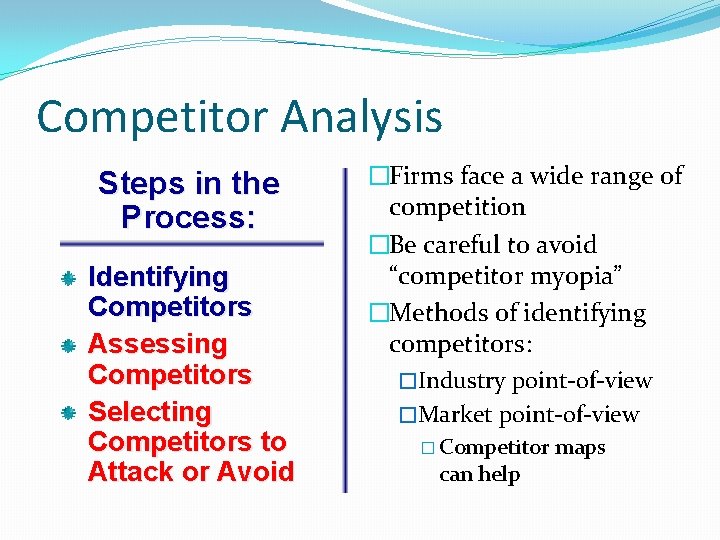 Competitor Analysis Steps in the Process: Identifying Competitors Assessing Competitors Selecting Competitors to Attack