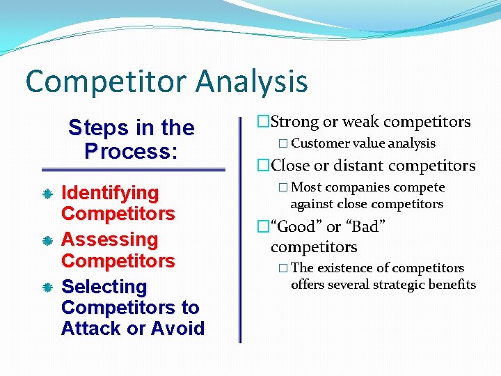 Competitor Analysis Steps in the Process: �Strong or weak competitors Identifying Competitors Assessing Competitors