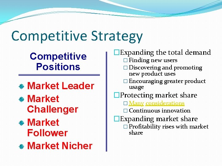 Competitive Strategy Competitive Positions Market Leader Market Challenger Market Follower Market Nicher �Expanding the Competitive Strategy Competitive Positions Market Leader Market Challenger Market Follower Market Nicher �Expanding the