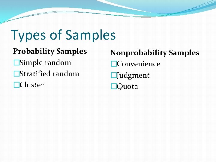Types of Samples Probability Samples �Simple random �Stratified random �Cluster Nonprobability Samples �Convenience �Judgment