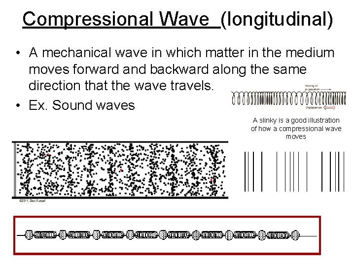Compressional Wave (longitudinal) • A mechanical wave in which matter in the medium moves Compressional Wave (longitudinal) • A mechanical wave in which matter in the medium moves