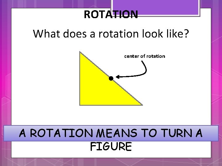 ROTATION What does a rotation look like? center of rotation A ROTATION MEANS TO