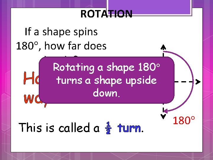 ROTATION If a shape spins 180 , how far does it spin? Rotating a