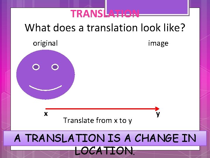 TRANSLATION What does a translation look like? original image x y Translate from x