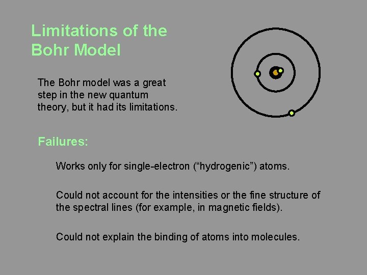 Limitations of the Bohr Model The Bohr model was a great step in the Limitations of the Bohr Model The Bohr model was a great step in the