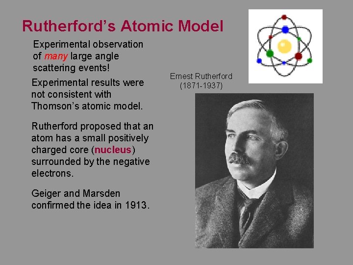 Rutherford’s Atomic Model Experimental observation of many large angle scattering events! Experimental results were Rutherford’s Atomic Model Experimental observation of many large angle scattering events! Experimental results were