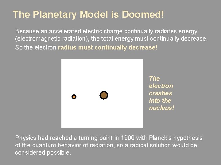 The Planetary Model is Doomed! Because an accelerated electric charge continually radiates energy (electromagnetic The Planetary Model is Doomed! Because an accelerated electric charge continually radiates energy (electromagnetic