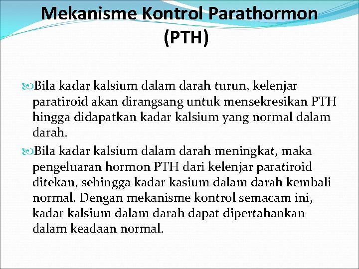 Mekanisme Kontrol Parathormon (PTH) Bila kadar kalsium dalam darah turun, kelenjar paratiroid akan dirangsang