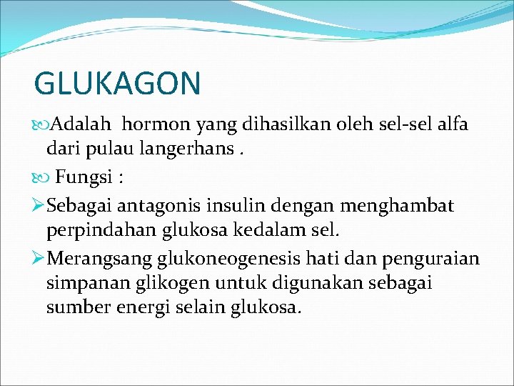 GLUKAGON Adalah hormon yang dihasilkan oleh sel-sel alfa dari pulau langerhans. Fungsi : ØSebagai