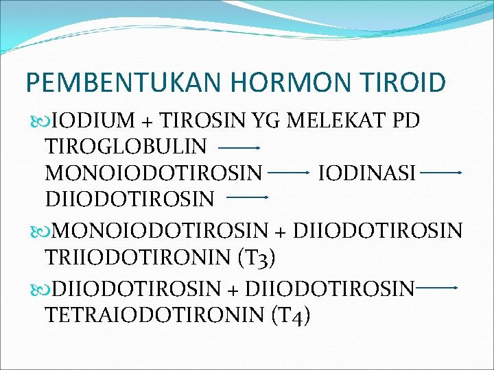 PEMBENTUKAN HORMON TIROID IODIUM + TIROSIN YG MELEKAT PD TIROGLOBULIN MONOIODOTIROSIN IODINASI DIIODOTIROSIN MONOIODOTIROSIN