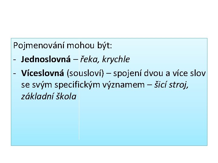 Pojmenování mohou být: - Jednoslovná – řeka, krychle - Víceslovná (sousloví) – spojení dvou