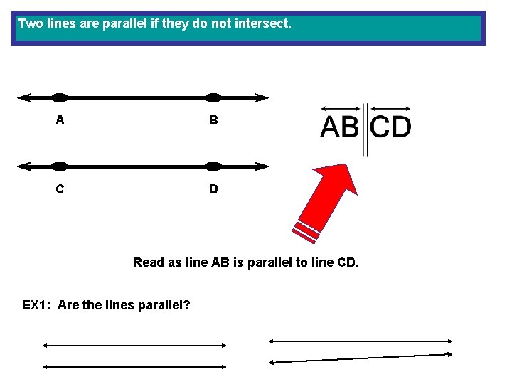 Two lines are parallel if they do not intersect. A B C D Read