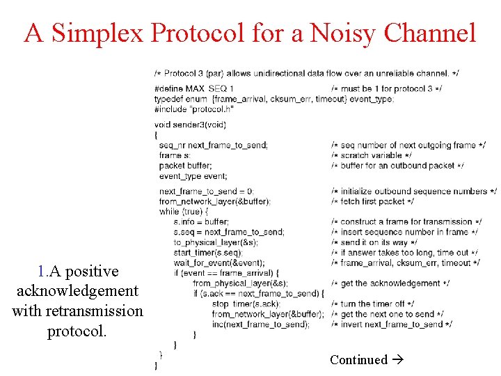 A Simplex Protocol for a Noisy Channel 1. A positive acknowledgement with retransmission protocol.