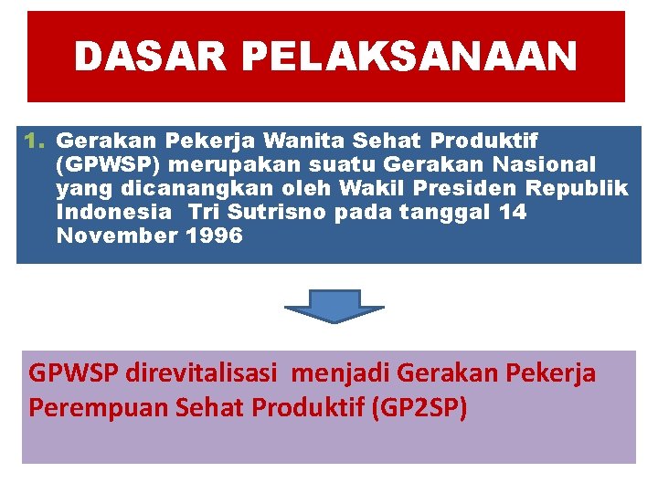 DASAR PELAKSANAAN 1. Gerakan Pekerja Wanita Sehat Produktif (GPWSP) merupakan suatu Gerakan Nasional yang