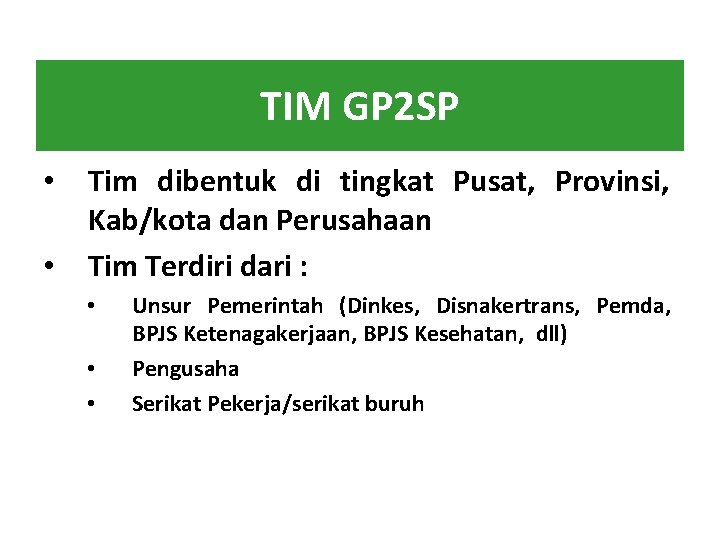 TIM GP 2 SP • • Tim dibentuk di tingkat Pusat, Provinsi, Kab/kota dan