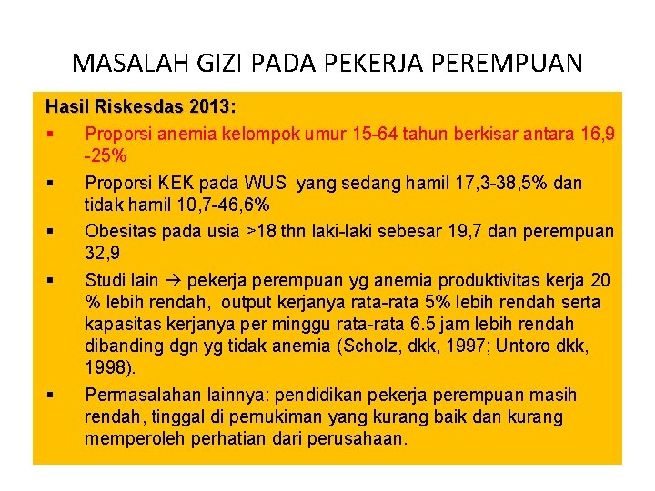 MASALAH GIZI PADA PEKERJA PEREMPUAN Hasil Riskesdas 2013: § Proporsi anemia kelompok umur 15