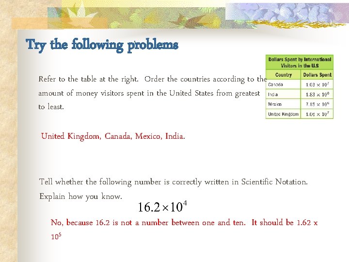 Try the following problems Refer to the table at the right. Order the countries