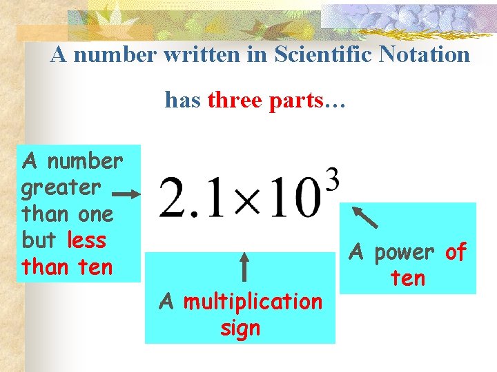  A number written in Scientific Notation has three parts… A number greater than