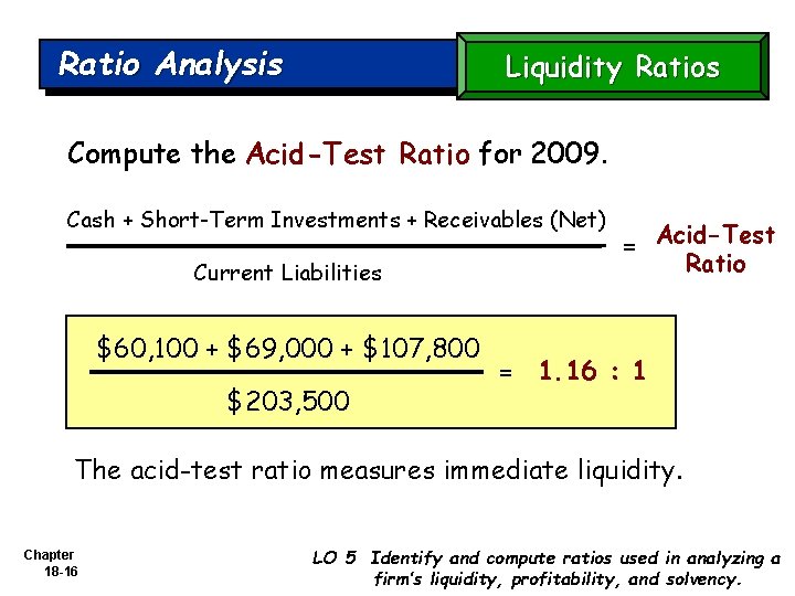 Ratio Analysis Liquidity Ratios Compute the Acid-Test Ratio for 2009. Cash + Short-Term Investments