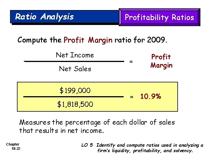 Ratio Analysis Profitability Ratios Compute the Profit Margin ratio for 2009. Net Income Net