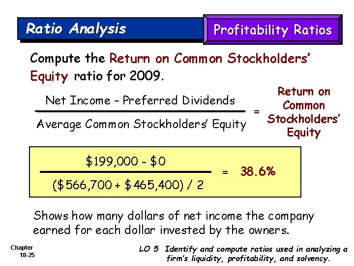 Ratio Analysis Profitability Ratios Compute the Return on Common Stockholders’ Equity ratio for 2009.