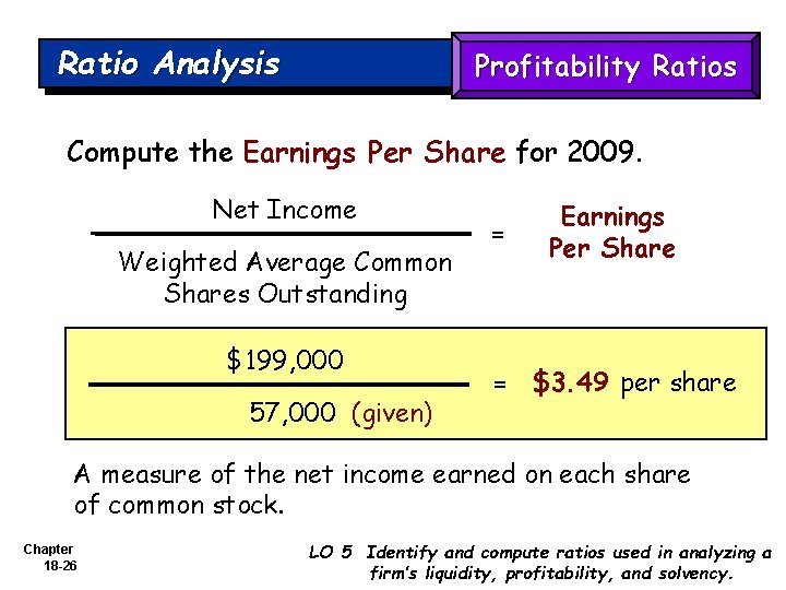 Ratio Analysis Profitability Ratios Compute the Earnings Per Share for 2009. Net Income Weighted