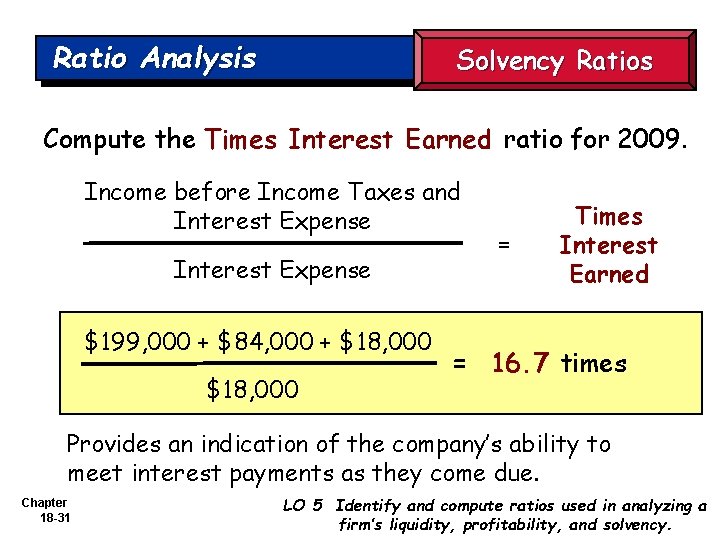 Ratio Analysis Solvency Ratios Compute the Times Interest Earned ratio for 2009. Income before