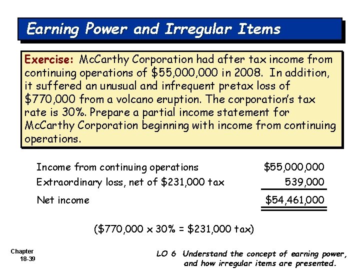 Earning Power and Irregular Items Exercise: Mc. Carthy Corporation had after tax income from