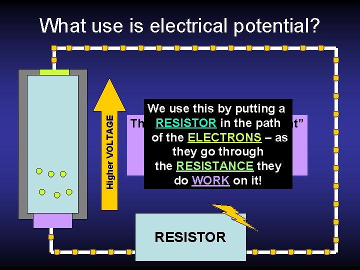 Higher VOLTAGE What use is electrical potential? We use this by putting a RESISTOR