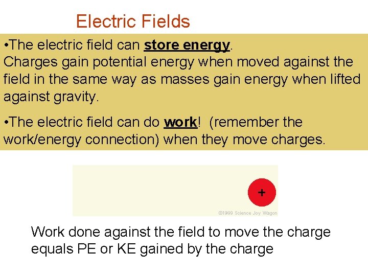 Electric Fields • The electric field can store energy. Charges gain potential energy when